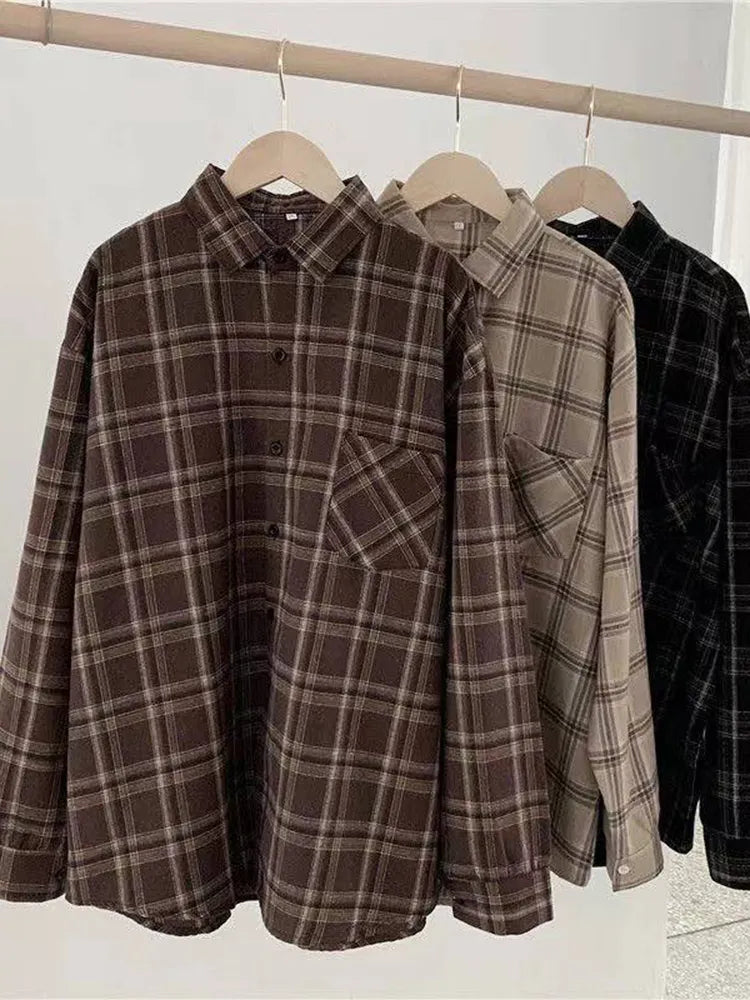 Vintage Women's Plaid Shirt Autumn/Winter Long Sleeve Oversized Button Up Tops Loose Casual Shirts