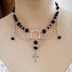 Black Angel Fairy Core Necklace Cross Charm Necklace Crystal Choker Onyx Jewelry Gemstones