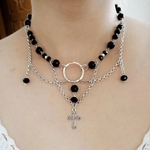 Black Angel Fairy Core Cross Charm Necklace Women Crystal Onyx Choker Fashion Jewelry Gift
