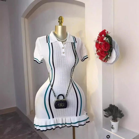 Knit Mini Dress Women Ruffle Turn-Down Collar Pullover Streetwear Short Sleeve Casual Summer Sweater