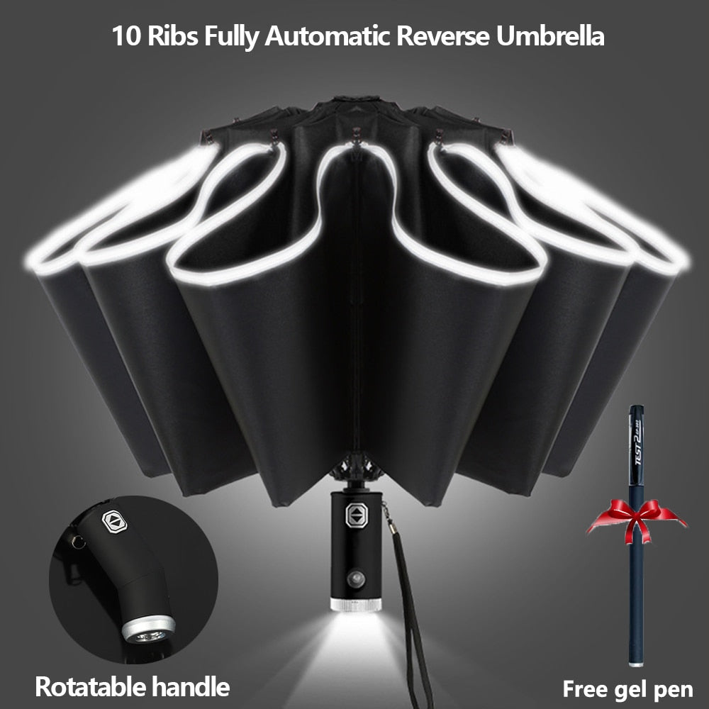 Fully Automatic Reverse Folding Umbrella With LED Flashlight Windproof Reflective Stripe UV Umbrellas For  Rain Or Sun