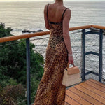 Summer Leopard Print Sexy See-Through Dress Maxi Backless Sheer Beach Dress Lace Up Elegant Floor Length Holiday Dress