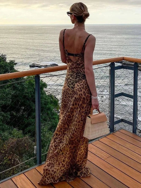 Maxi Dress Women Leopard Print Sheer Backless Lace-Up Elegant Floor Length Beach Holiday Summer Dress