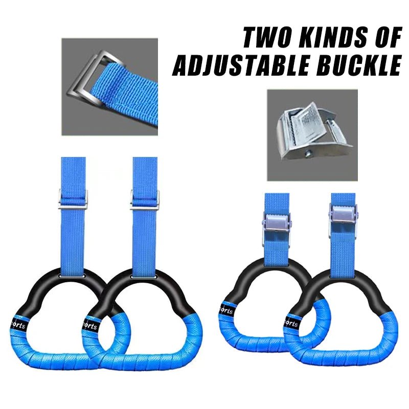 Gymnastic rings with blue straps and adjustable buckles on a white background