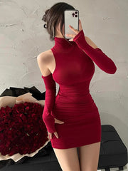 Chic Red/Black/Purple Cold-Shoulder Turtleneck Bodycon Mini Dress Tight Stretchy Party Tank Dress