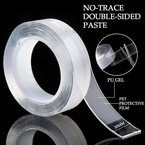 Roll of no-trace double-sided tape with a close-up inset showing its components on a black background.
