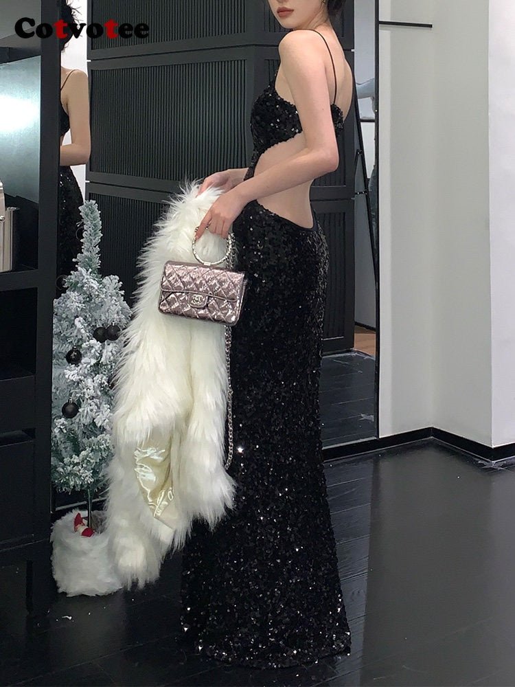 Sequined Backless Maxi Dress Women Floor Length Hollow Out Elegant Eve