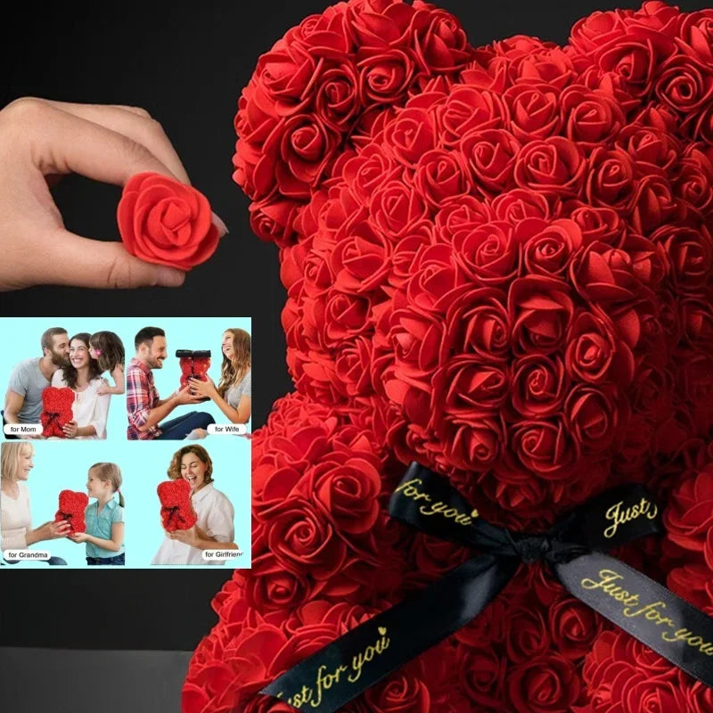 Red rose teddy bear with a hand holding a red rose, surrounded by people holding similar gifts.
