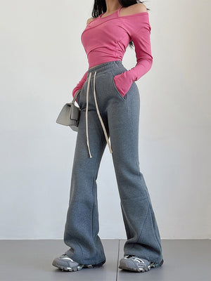 Women Elastic High-waist Slightly Flared Plush Pants Casual Sweat Pants