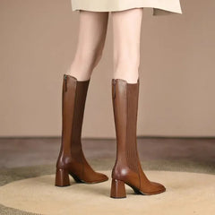 Knee-High Brown Ribbed Faux Leather Boots