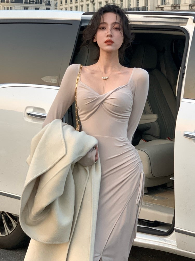 Sexy Elegant Party Midi Dress  Long Sleeve Knit Square Neck Lace-up Dress