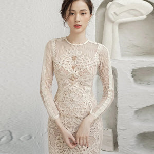 New Fashion Flower Embroidered Lace Prom Dress Long Sleeve Diamond Beads Sheath Bodycon Wedding Party Dress