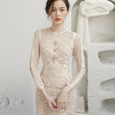 Midi Dress Women Flower Embroidered Lace Diamond Bead Long Sleeve Sheath Bodycon Wedding Party Prom
