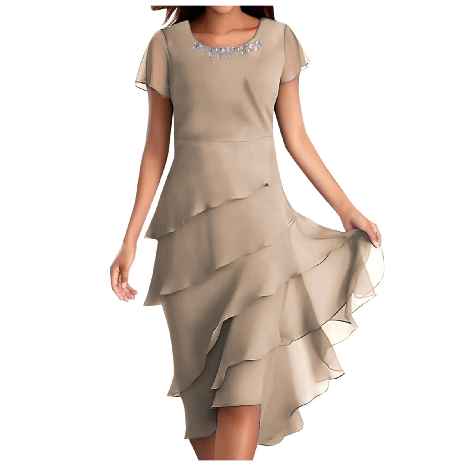 Elegant Layered Chiffon Midi Dress – Flowy Asymmetrical Ruffle Hem Cocktail Dress - Plus Sizes