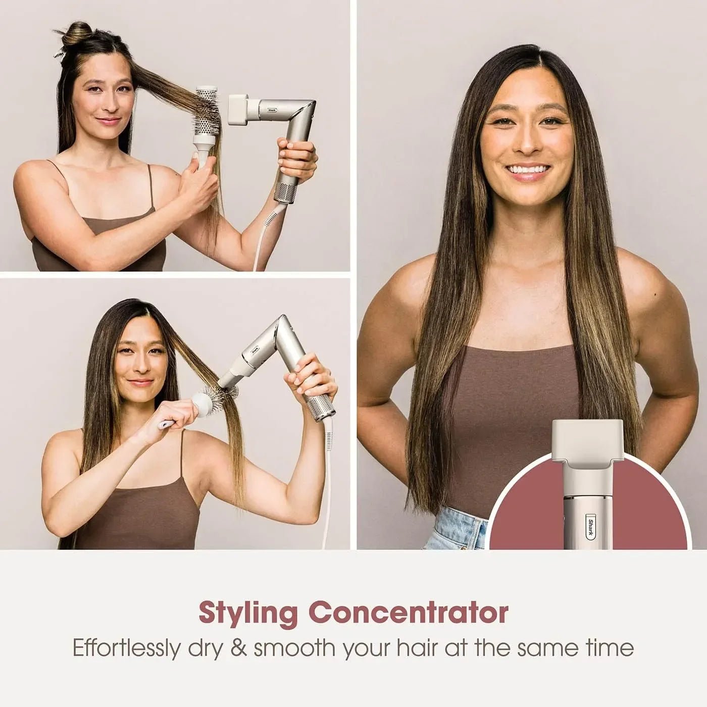 Woman using a hair styling concentrator to dry and smooth her hair, with text indicating product features.