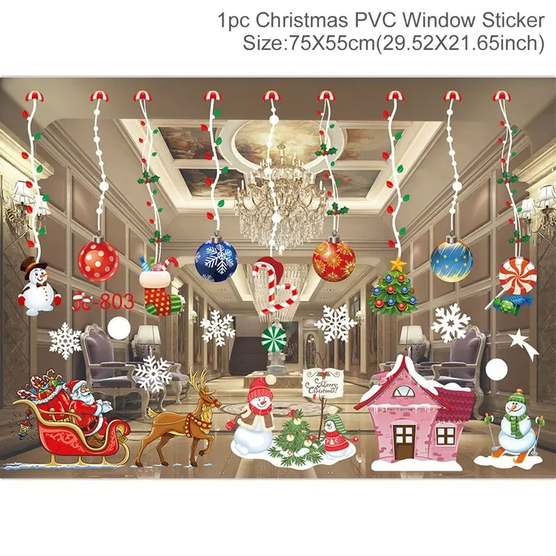 Christmas PVC window sticker set with various festive elements on a room background