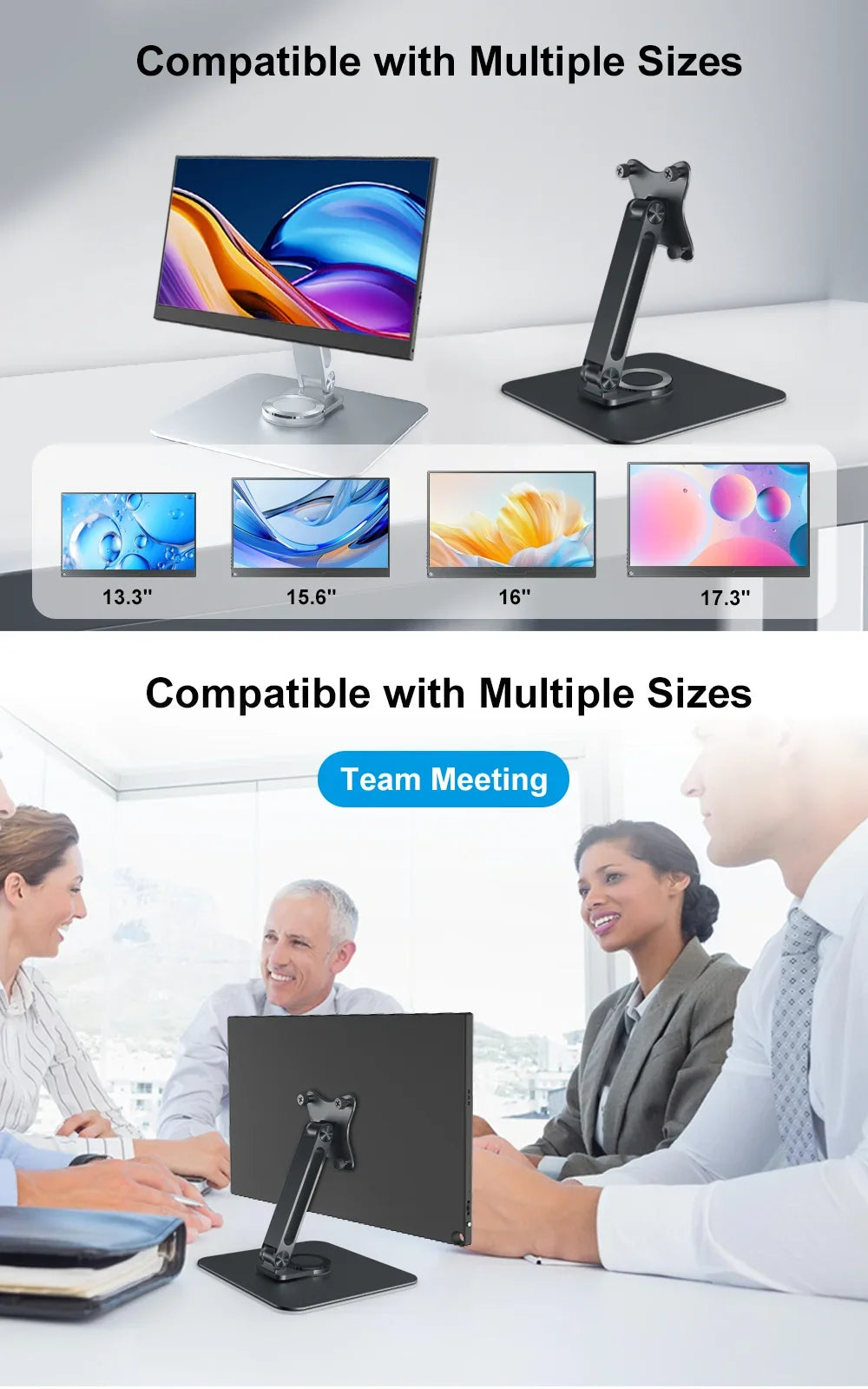 Monitor stand compatibility with multiple screen sizes and a team meeting scenario.