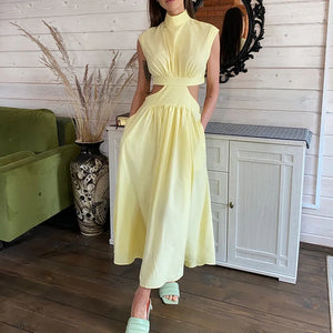 Summer Party Hollow Out Dress Fashion Sexy V-neck Waist Long Beach Dress Vintage A-Line Maxi Dress