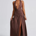 Elegant Halter Maxi Dress with High Slit in Deep Burgundy Black & White Colors