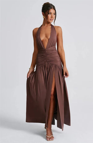 Elegant Halter Maxi Dress with High Slit in Deep Burgundy Black & White Colors