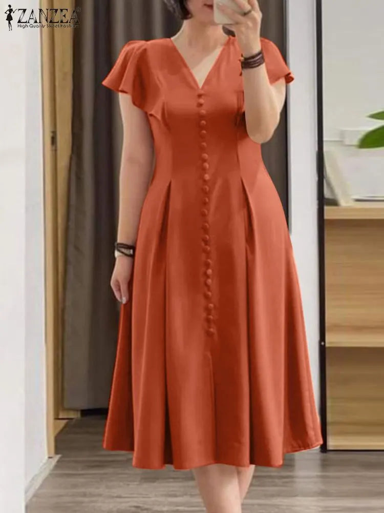 Spring Summer Elegant V-Neck Short Sleeve Dress Women's Boutique Fashion Solid Pleated Mid-Calf Business Party Dress Plus Sizes