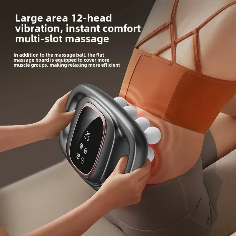 Person using a massage device on their back with text about its features.