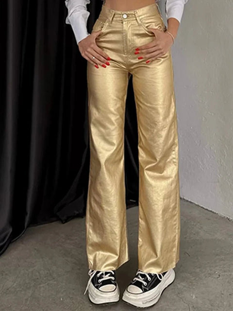 Metallic Straight Loose Fit Pants gold