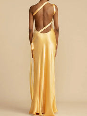 Sleeveless Party Dress, Summer Skew Collar Maxi Dress New Fashion Patchwork Backless Elegant Wedding Guest Dress