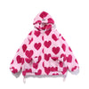 Women's Faux Fur Jacket Pink Red Hearts Fleece Plush Hooded Jacket Cotton Padded Coat