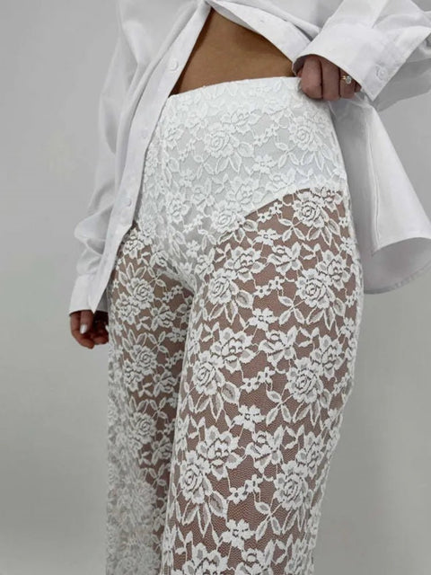Lace Pants Women High Waist Sheer Wide Leg Baggy Hollow Out Straight Trousers Contemporary Fashion