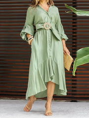 Women's Vintage Dress Long Lantern Sleeve with Belt Irregular Hem Midi Dress