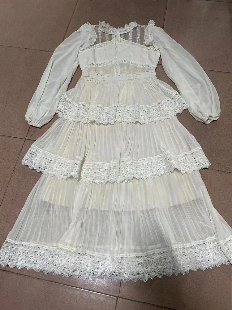 Women's Lace Long Dress High Quality 3 Tier Ruffles Boutique Design Short Sleeve Lace Patchwork Dress