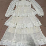 Women's Lace Long Dress High Quality 3 Tier Ruffles Boutique Design Short Sleeve Lace Patchwork Dress