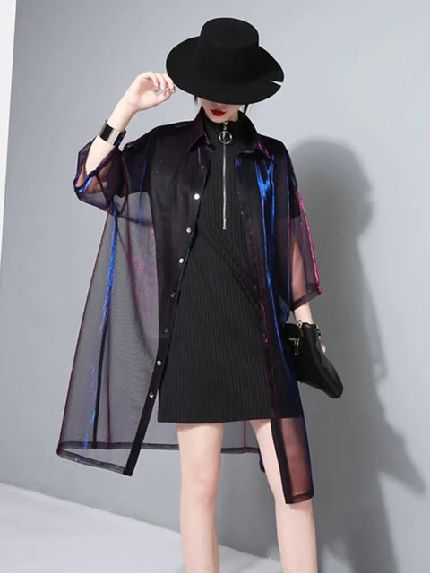 Blouse Women Green Shiny Lapel Three-Quarter Sleeve Loose Fit Long Shirt Casual Spring Summer Fashion