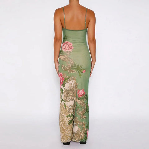 Maxi Dress Women Sleeveless Floral Print Spaghetti Strap Chic Beach Party Club Summer Dress