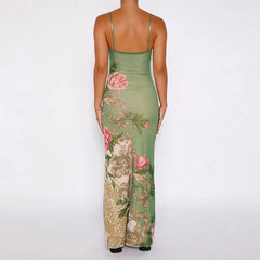 Sleeveless Floral Print Spaghetti Strap Dress New Fashion Maxi Beach Party Club Chic Dress