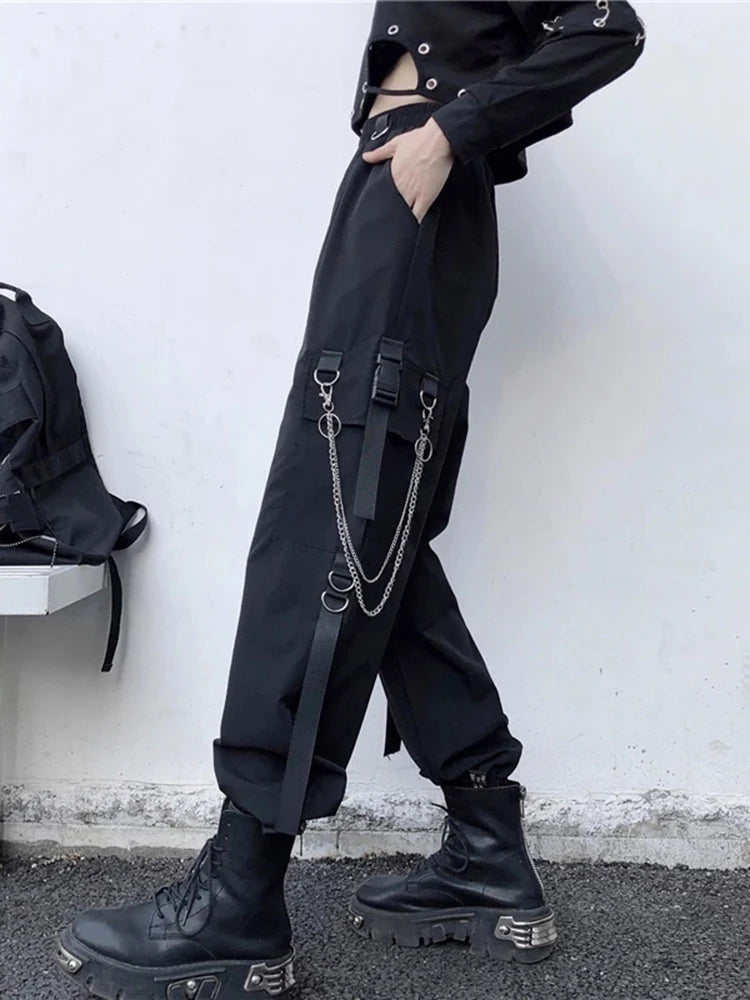 Women's Cargo Pants Harem Pants Street Fashion Punk Trousers with Pockets & Chain High Waist Streetwear