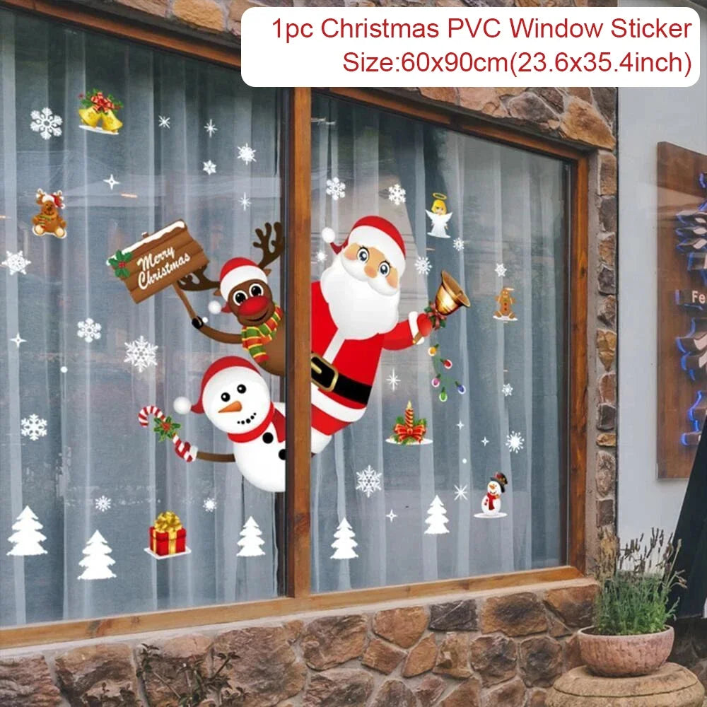 Christmas-themed window stickers featuring Santa Claus, reindeer, and snowman on a window with stone wall background.