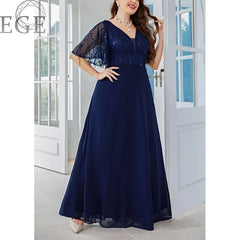 Plus Size Women's V-Neck Royal Blue Sequin Shiny Dress Chiffon Maxi Wedding Party Prom Short Sleeve Dresses