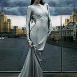 New Autumn Fashion Sexy Zip-Up Solid Gray Long Maxi Dress Elegant Slim Fit Party Night Club Dress