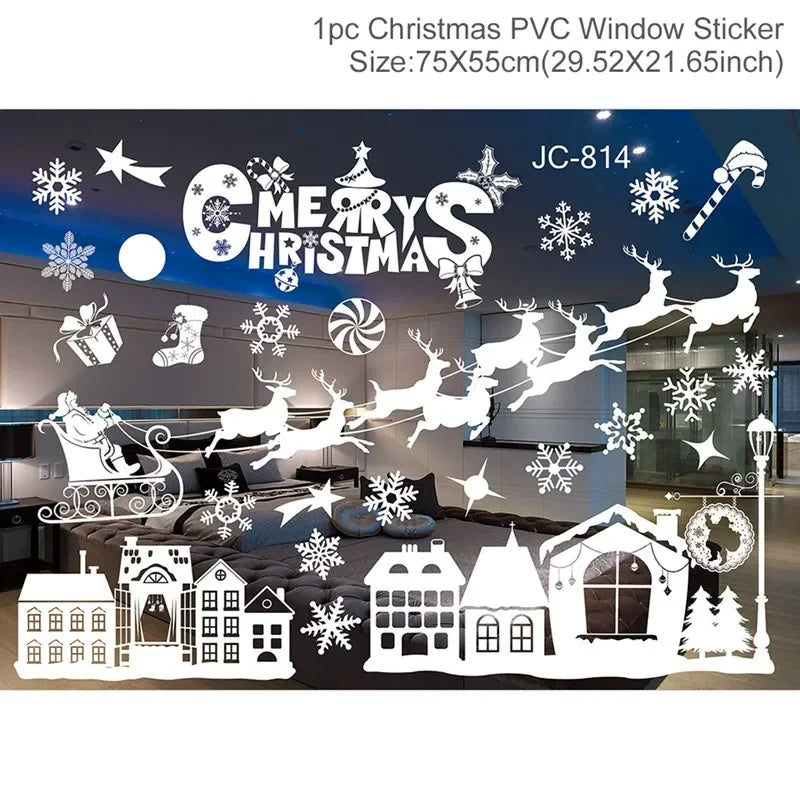 Christmas PVC window sticker set with Santa Claus, reindeer, and festive elements on a blue background.