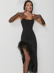 New Women's Sexy Strapless Black / White Feather Midi Bandage Dress with Split Knitted Elegant Evening Bodycon Wedding Party Prom Dress