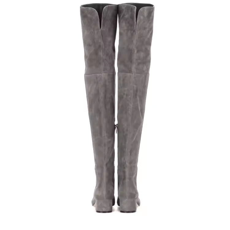 Gray suede over-the-knee boots on a white background