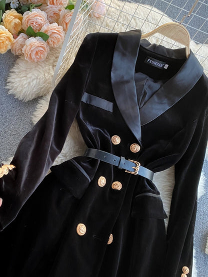 Double Breasted Velvet Blazer With Belt Women's Black Coat Slim Outerwear