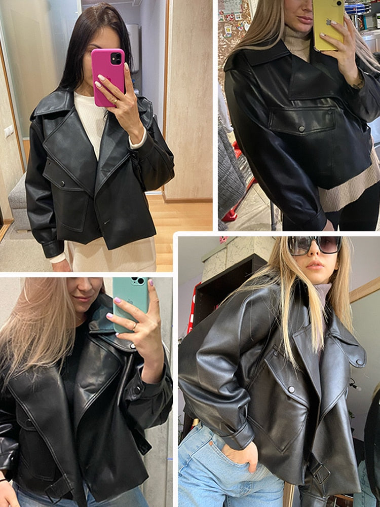 Women's Faux Leather Biker Style Jacket Turndown Collar Loose Streetwear Outerwear