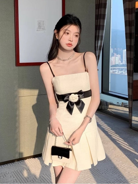Flower Pleated Mini Dress Women French Elegant Small Fragrance Casual Chic Fashion Dress