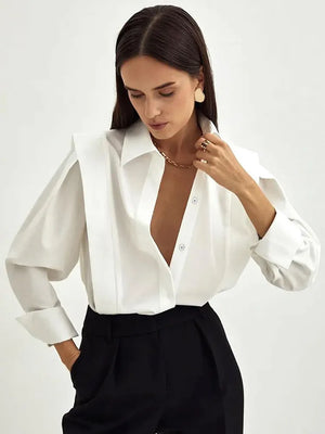 White/Black Long Sleeve Shirt for Women Elegant Casual Button Collar Top All-Season Office Wear Long Sleeve Shirt Boutique Fashion Aesthetic Button Shirts