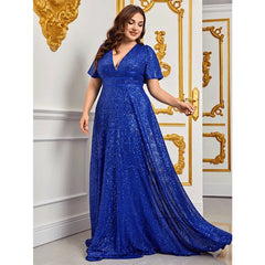 Plus Size Blue Sequins Shiny Maxi Evening Dress Elegant V-Neck Short Sleeve Loose Sparkly Gown Prom Wedding