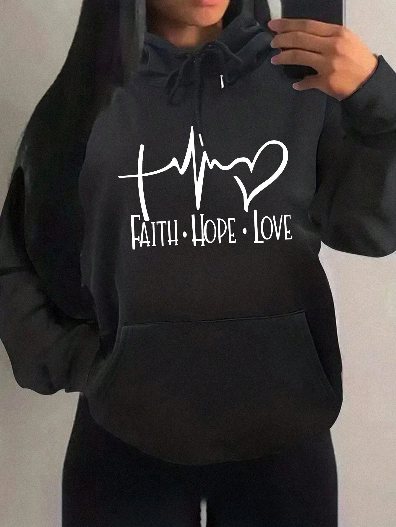 Women's "Faith Hope Love" Graphic Hoodie Casual Loose Streetwear Sweatshirt Autumn Fleece Hooded Hip Hop O-Neck Clothing Tops