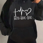 Women's "Faith Hope Love" Graphic Hoodie Casual Loose Streetwear Sweatshirt Autumn Fleece Hooded Hip Hop O-Neck Clothing Tops